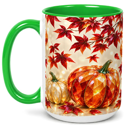 #pl[15oz|Green] Jeweled Autumn Pumpkin Coffee Mug, Maple Leaf Mug, Ceramic Cup