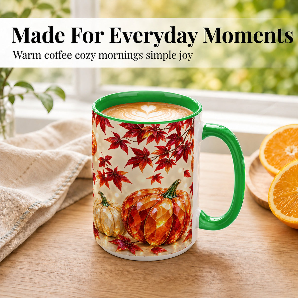 #pl[15oz|Green] Jeweled Autumn Pumpkin Coffee Mug, Maple Leaf Mug, Ceramic Cup