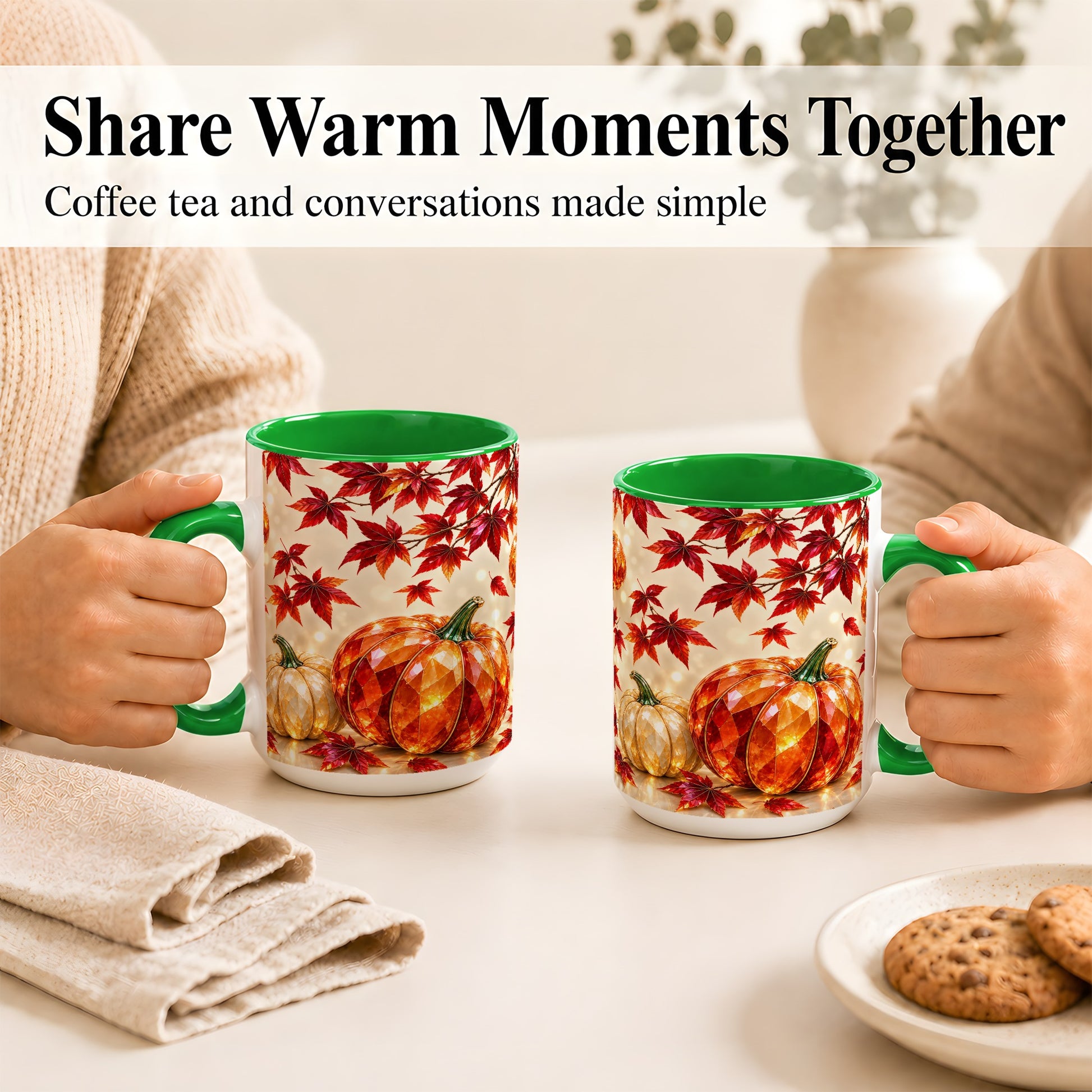 #pl[15oz|Green] Jeweled Autumn Pumpkin Coffee Mug, Maple Leaf Mug, Ceramic Cup