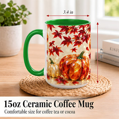 #pl[15oz|Green] Jeweled Autumn Pumpkin Coffee Mug, Maple Leaf Mug, Ceramic Cup