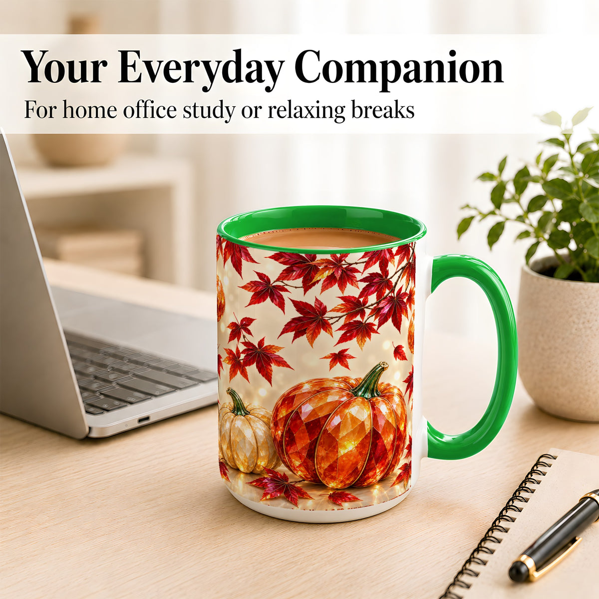 #pl[15oz|Green] Jeweled Autumn Pumpkin Coffee Mug, Maple Leaf Mug, Ceramic Cup