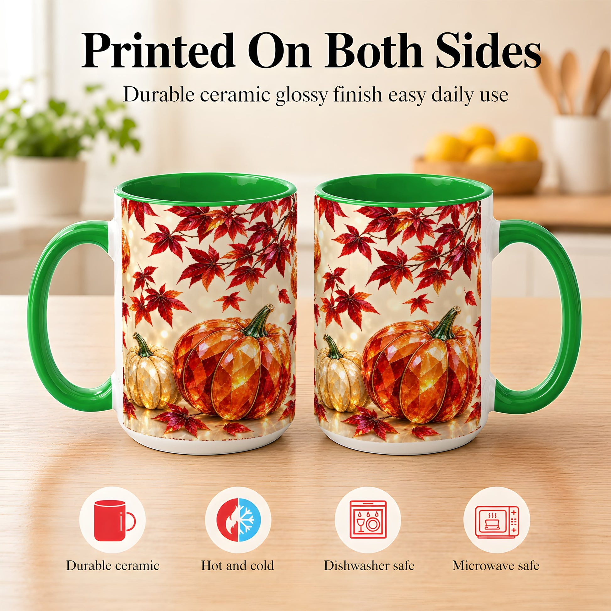 #pl[15oz|Green] Jeweled Autumn Pumpkin Coffee Mug, Maple Leaf Mug, Ceramic Cup
