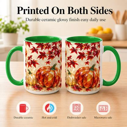 #pl[15oz|Green] Jeweled Autumn Pumpkin Coffee Mug, Maple Leaf Mug, Ceramic Cup