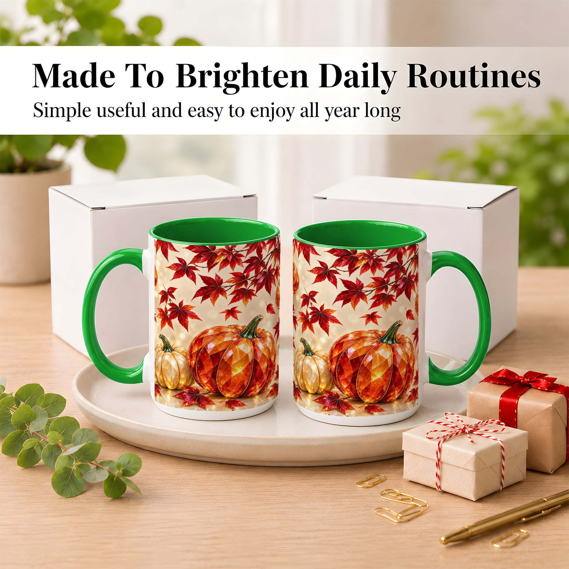 #pl[15oz|Green] Jeweled Autumn Pumpkin Coffee Mug, Maple Leaf Mug, Ceramic Cup