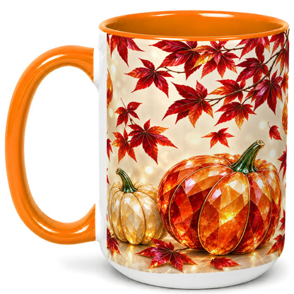 #pl[15oz|Orange] Jeweled Autumn Pumpkin Coffee Mug, Maple Leaf Mug, Ceramic Cup