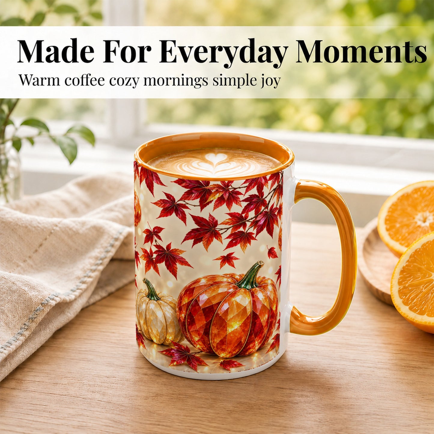 #pl[15oz|Orange] Jeweled Autumn Pumpkin Coffee Mug, Maple Leaf Mug, Ceramic Cup
