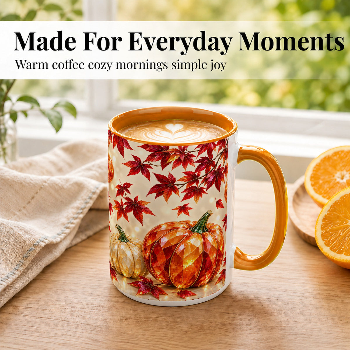 #pl[15oz|Orange] Jeweled Autumn Pumpkin Coffee Mug, Maple Leaf Mug, Ceramic Cup