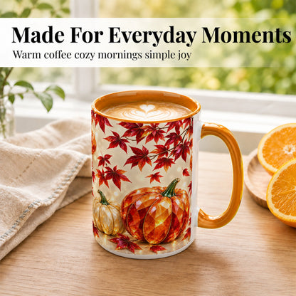 #pl[15oz|Orange] Jeweled Autumn Pumpkin Coffee Mug, Maple Leaf Mug, Ceramic Cup