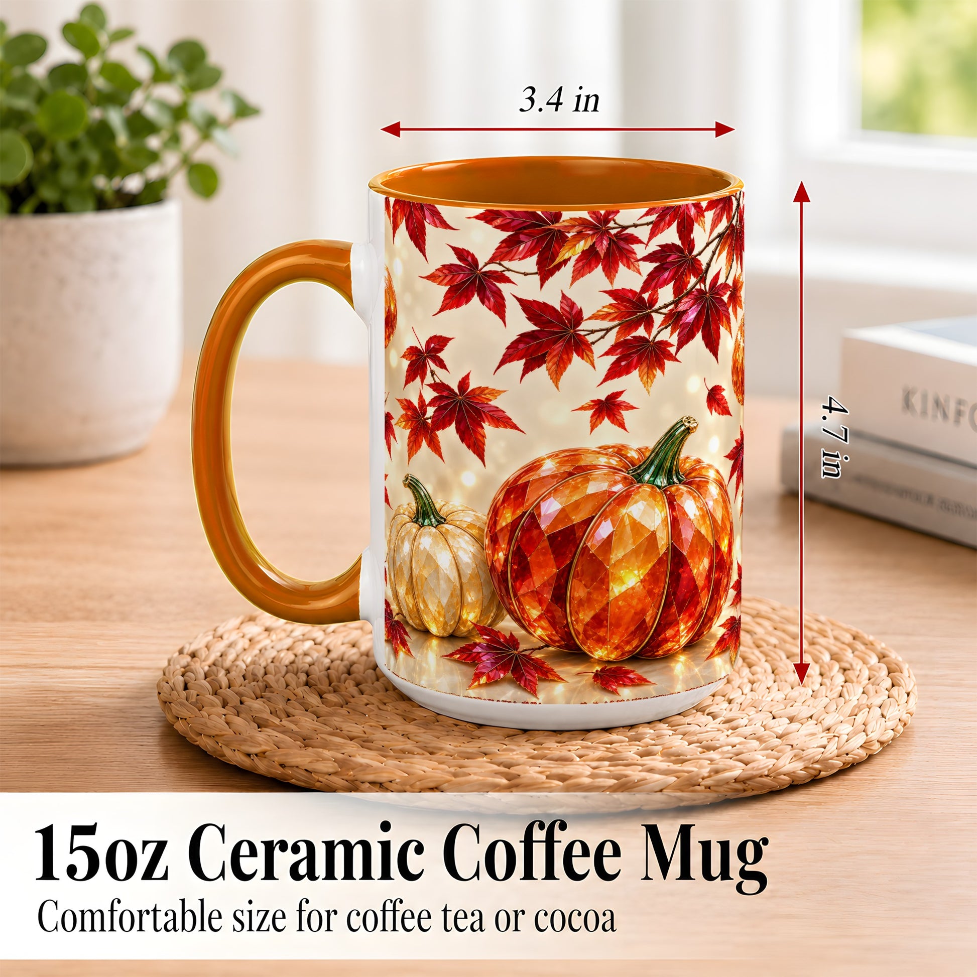 #pl[15oz|Orange] Jeweled Autumn Pumpkin Coffee Mug, Maple Leaf Mug, Ceramic Cup