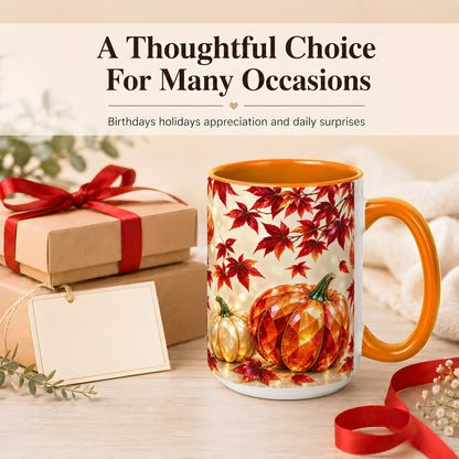 #pl[15oz|Orange] Jeweled Autumn Pumpkin Coffee Mug, Maple Leaf Mug, Ceramic Cup