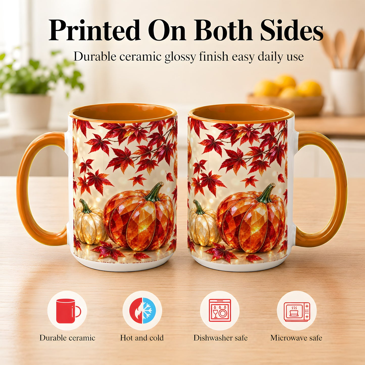 #pl[15oz|Orange] Jeweled Autumn Pumpkin Coffee Mug, Maple Leaf Mug, Ceramic Cup