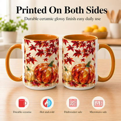 #pl[15oz|Orange] Jeweled Autumn Pumpkin Coffee Mug, Maple Leaf Mug, Ceramic Cup