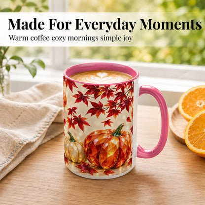 #pl[15oz|Pink] Jeweled Autumn Pumpkin Coffee Mug, Maple Leaf Mug, Ceramic Cup