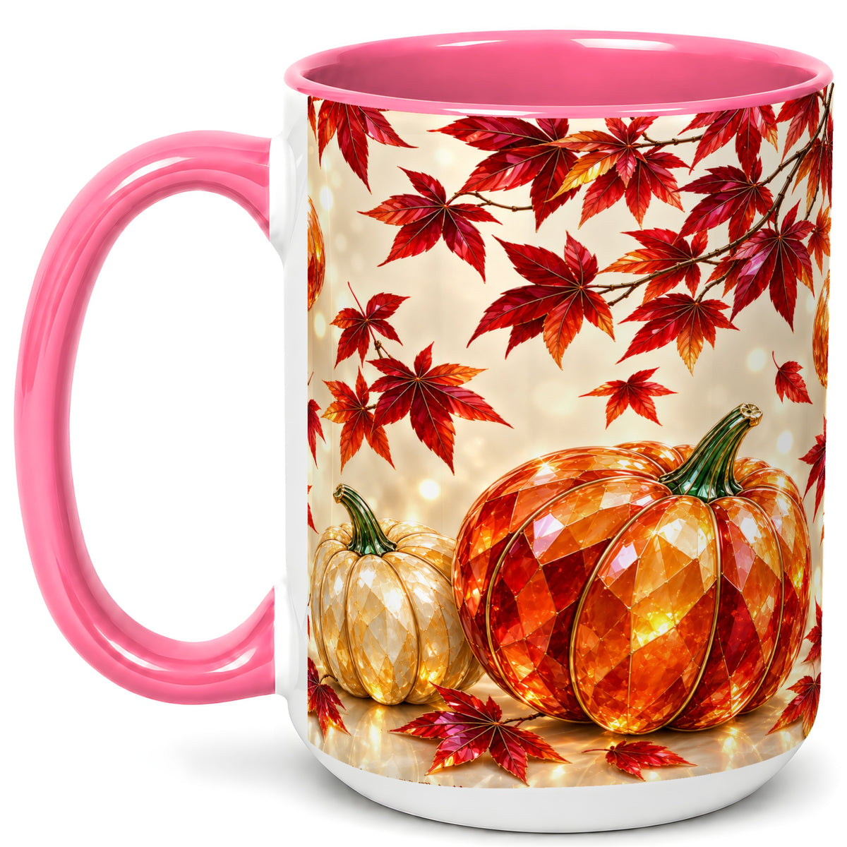 #pl[15oz|Pink] Jeweled Autumn Pumpkin Coffee Mug, Maple Leaf Mug, Ceramic Cup