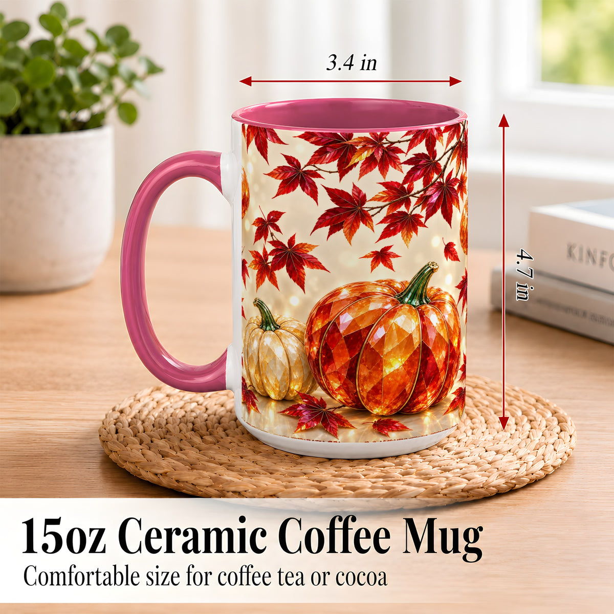#pl[15oz|Pink] Jeweled Autumn Pumpkin Coffee Mug, Maple Leaf Mug, Ceramic Cup