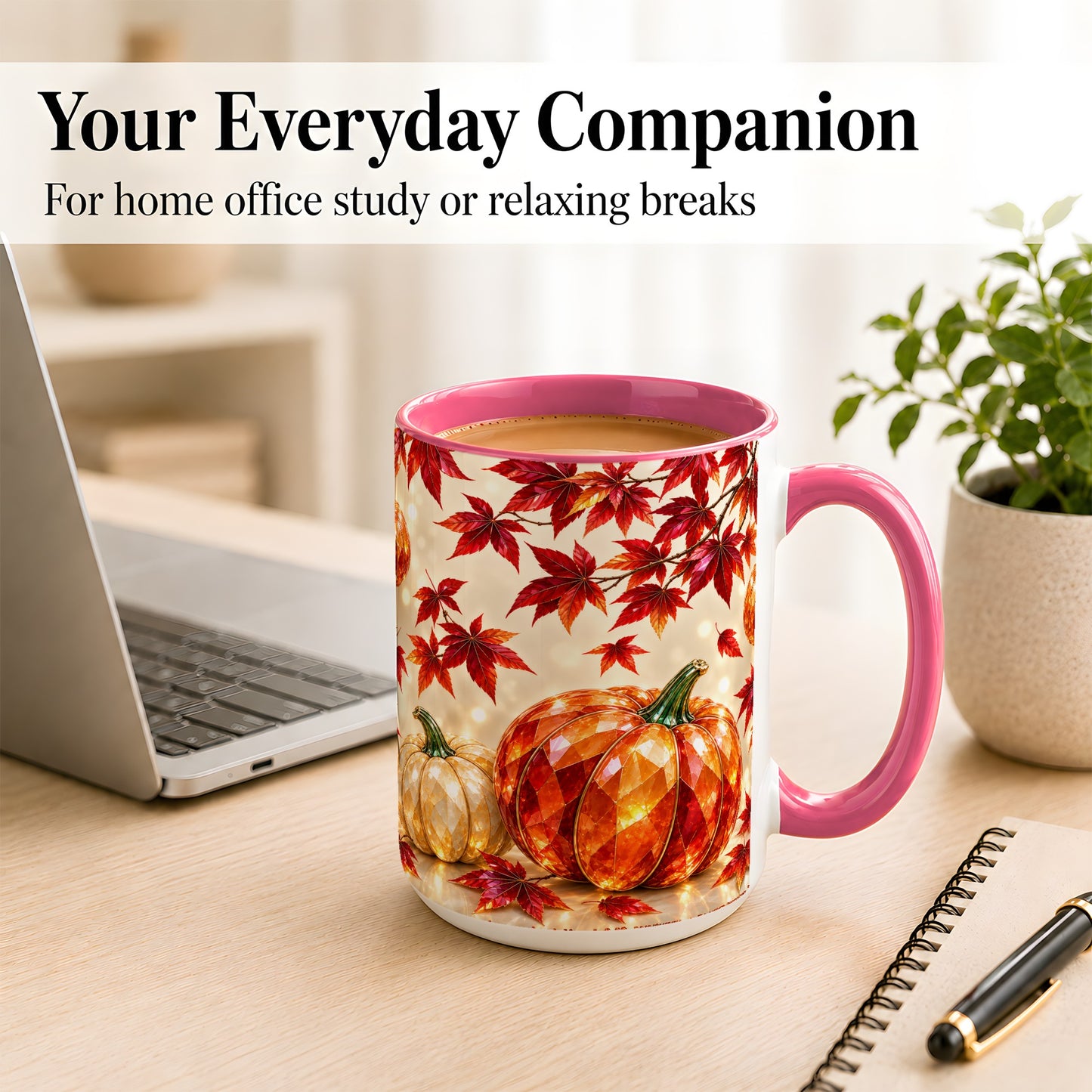 #pl[15oz|Pink] Jeweled Autumn Pumpkin Coffee Mug, Maple Leaf Mug, Ceramic Cup