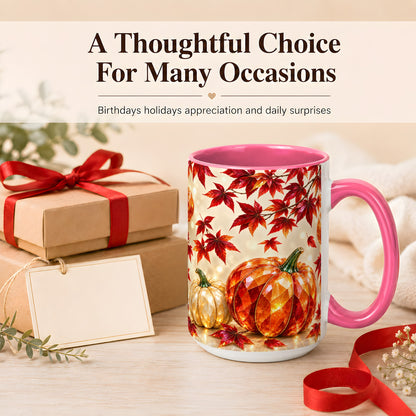 #pl[15oz|Pink] Jeweled Autumn Pumpkin Coffee Mug, Maple Leaf Mug, Ceramic Cup