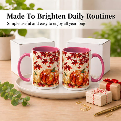 #pl[15oz|Pink] Jeweled Autumn Pumpkin Coffee Mug, Maple Leaf Mug, Ceramic Cup