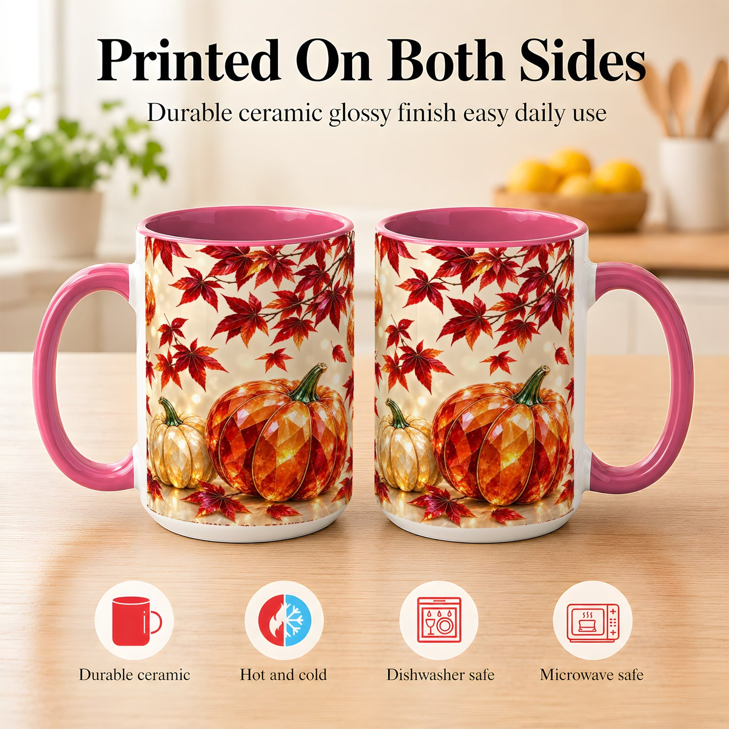 #pl[15oz|Pink] Jeweled Autumn Pumpkin Coffee Mug, Maple Leaf Mug, Ceramic Cup