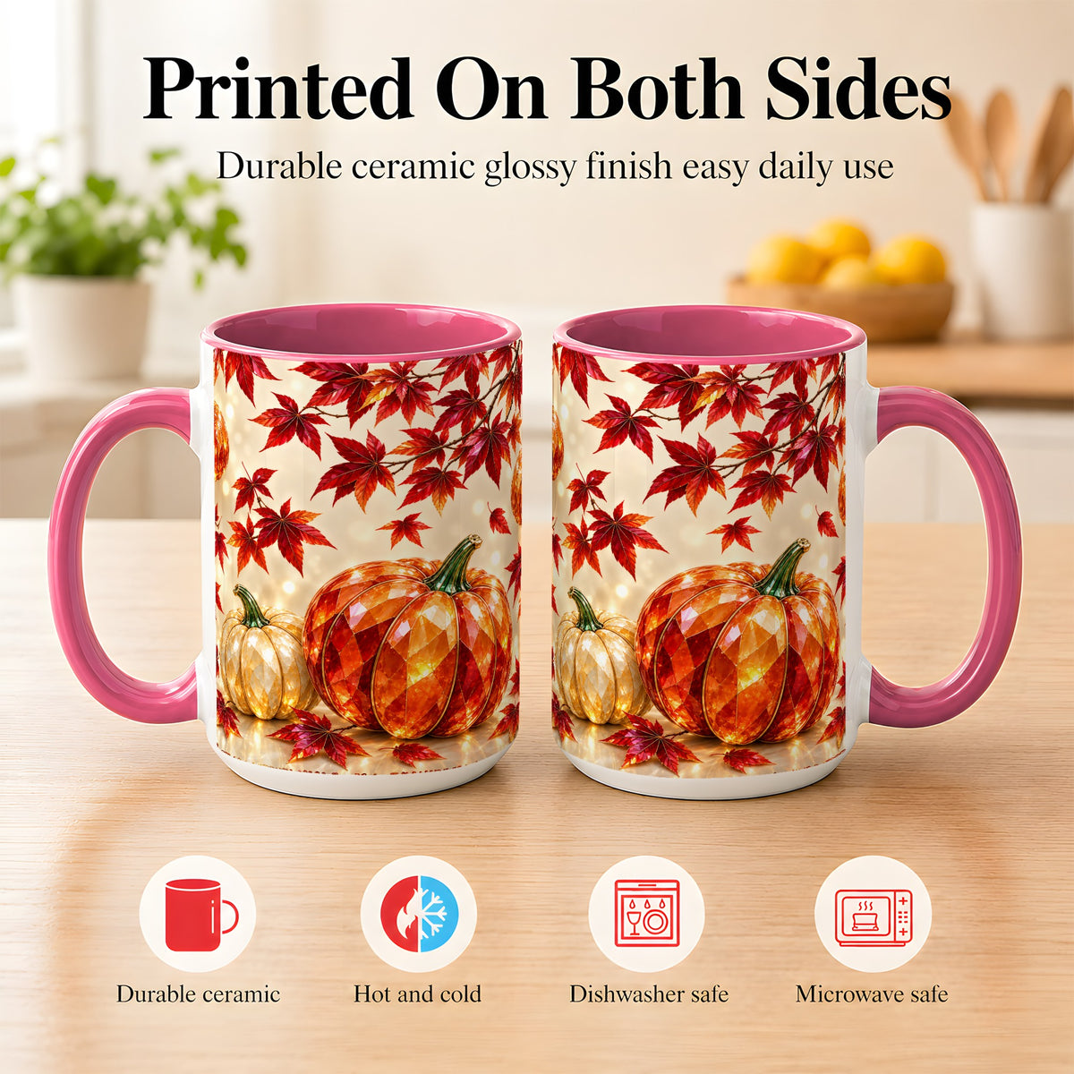 #pl[15oz|Pink] Jeweled Autumn Pumpkin Coffee Mug, Maple Leaf Mug, Ceramic Cup