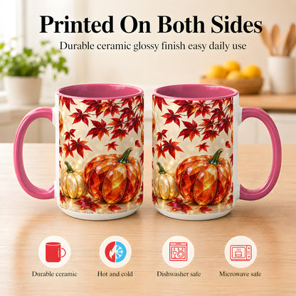 #pl[15oz|Pink] Jeweled Autumn Pumpkin Coffee Mug, Maple Leaf Mug, Ceramic Cup
