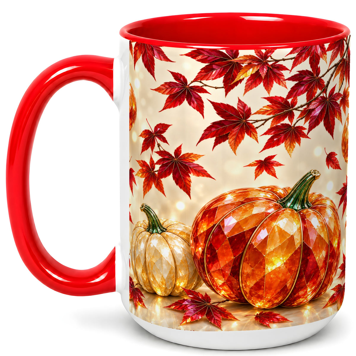 #pl[15oz|Red] Jeweled Autumn Pumpkin Coffee Mug, Maple Leaf Mug, Ceramic Cup