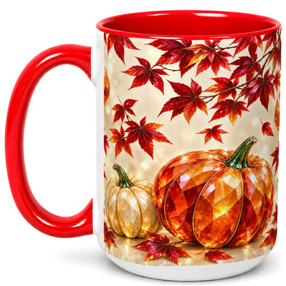 #pl[15oz|Red] Jeweled Autumn Pumpkin Coffee Mug, Maple Leaf Mug, Ceramic Cup