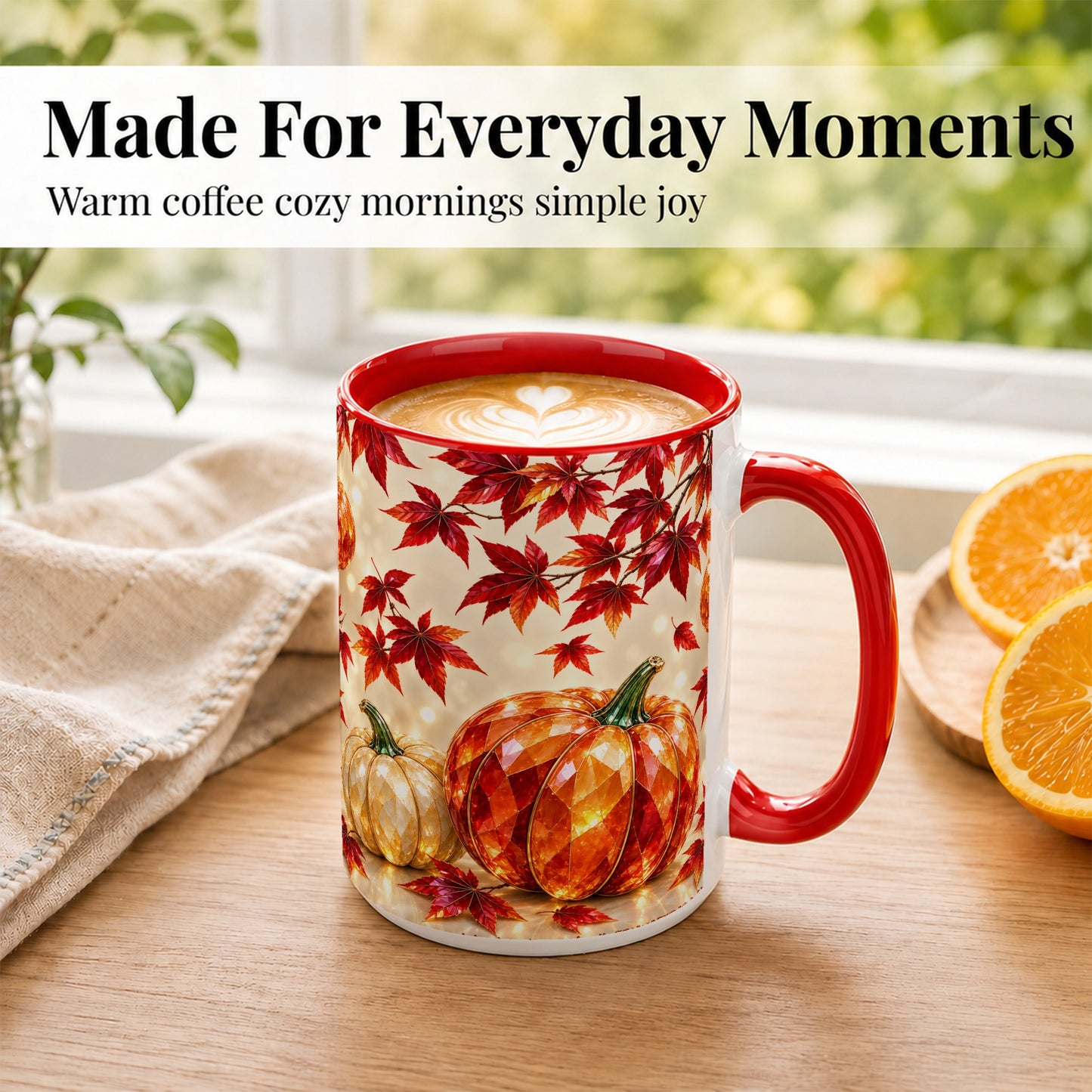 #pl[15oz|Red] Jeweled Autumn Pumpkin Coffee Mug, Maple Leaf Mug, Ceramic Cup