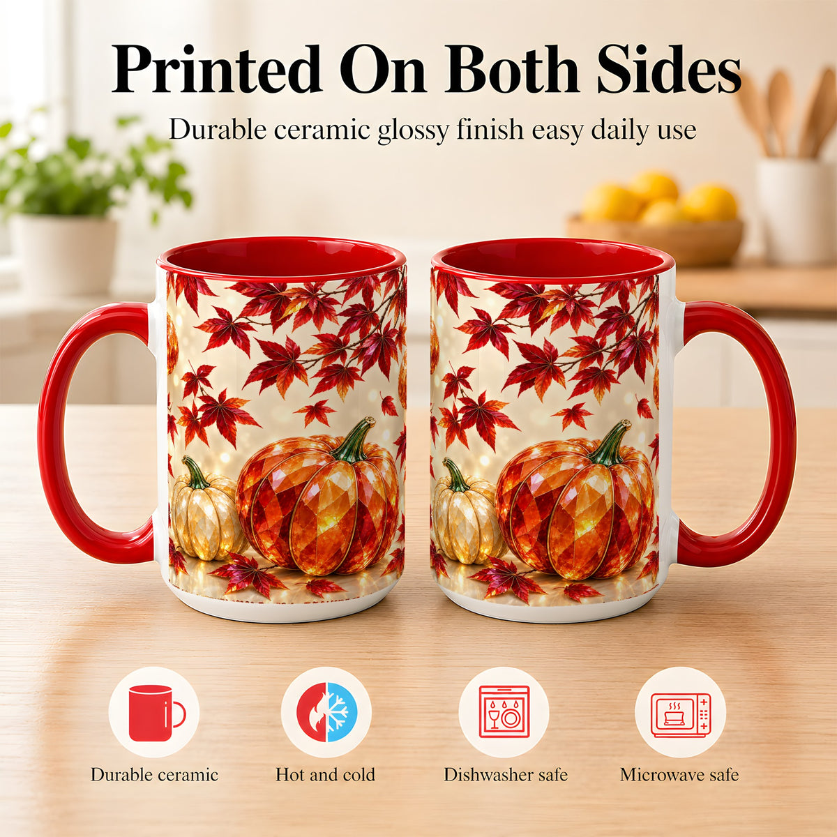 #pl[15oz|Red] Jeweled Autumn Pumpkin Coffee Mug, Maple Leaf Mug, Ceramic Cup