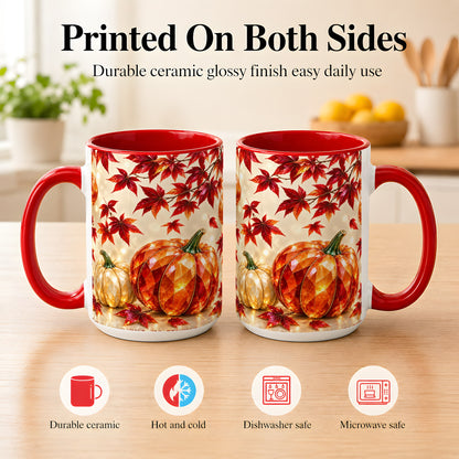 #pl[15oz|Red] Jeweled Autumn Pumpkin Coffee Mug, Maple Leaf Mug, Ceramic Cup