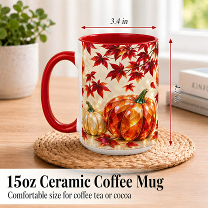 #pl[15oz|Red] Jeweled Autumn Pumpkin Coffee Mug, Maple Leaf Mug, Ceramic Cup