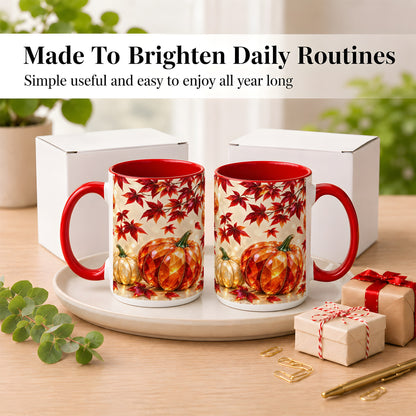 #pl[15oz|Red] Jeweled Autumn Pumpkin Coffee Mug, Maple Leaf Mug, Ceramic Cup
