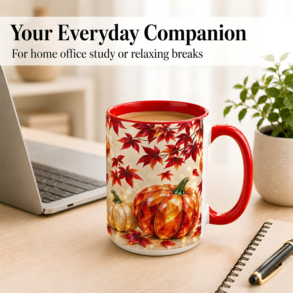 #pl[15oz|Red] Jeweled Autumn Pumpkin Coffee Mug, Maple Leaf Mug, Ceramic Cup