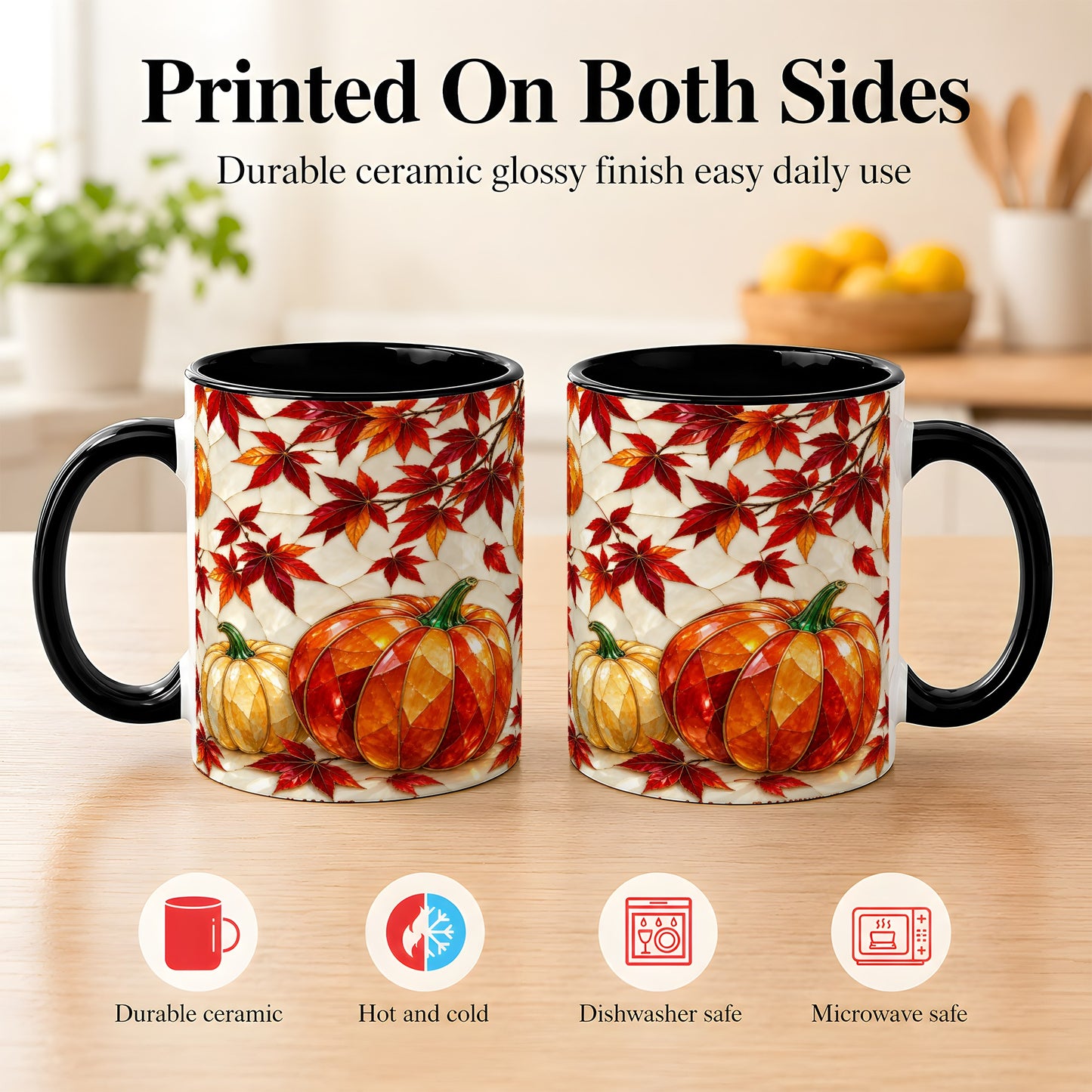 #pl[11oz|Black] Jeweled Pumpkin Coffee Mug, Autumn Maple Mug, Ceramic Cup