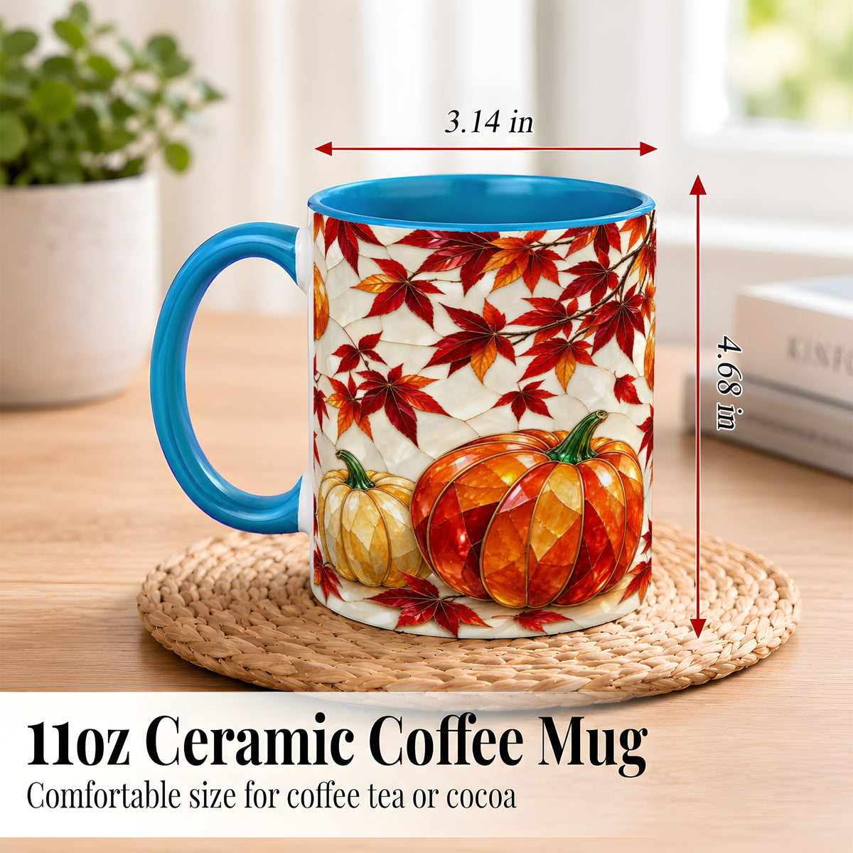 #pl[11oz|Blue] Jeweled Pumpkin Coffee Mug, Autumn Maple Mug, Ceramic Cup