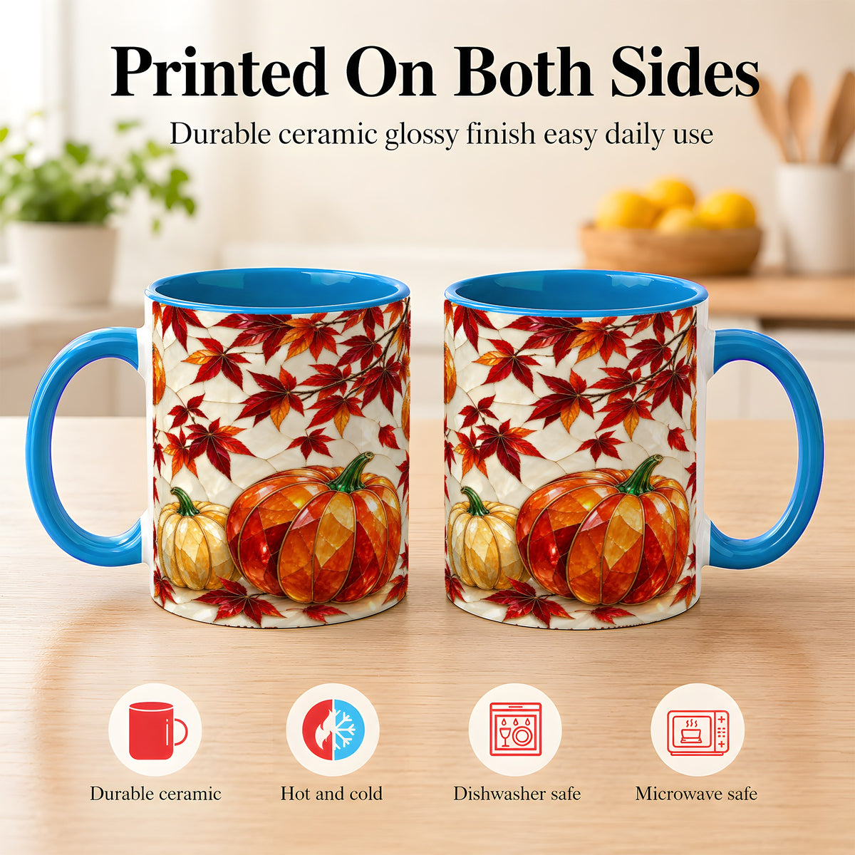 #pl[11oz|Blue] Jeweled Pumpkin Coffee Mug, Autumn Maple Mug, Ceramic Cup
