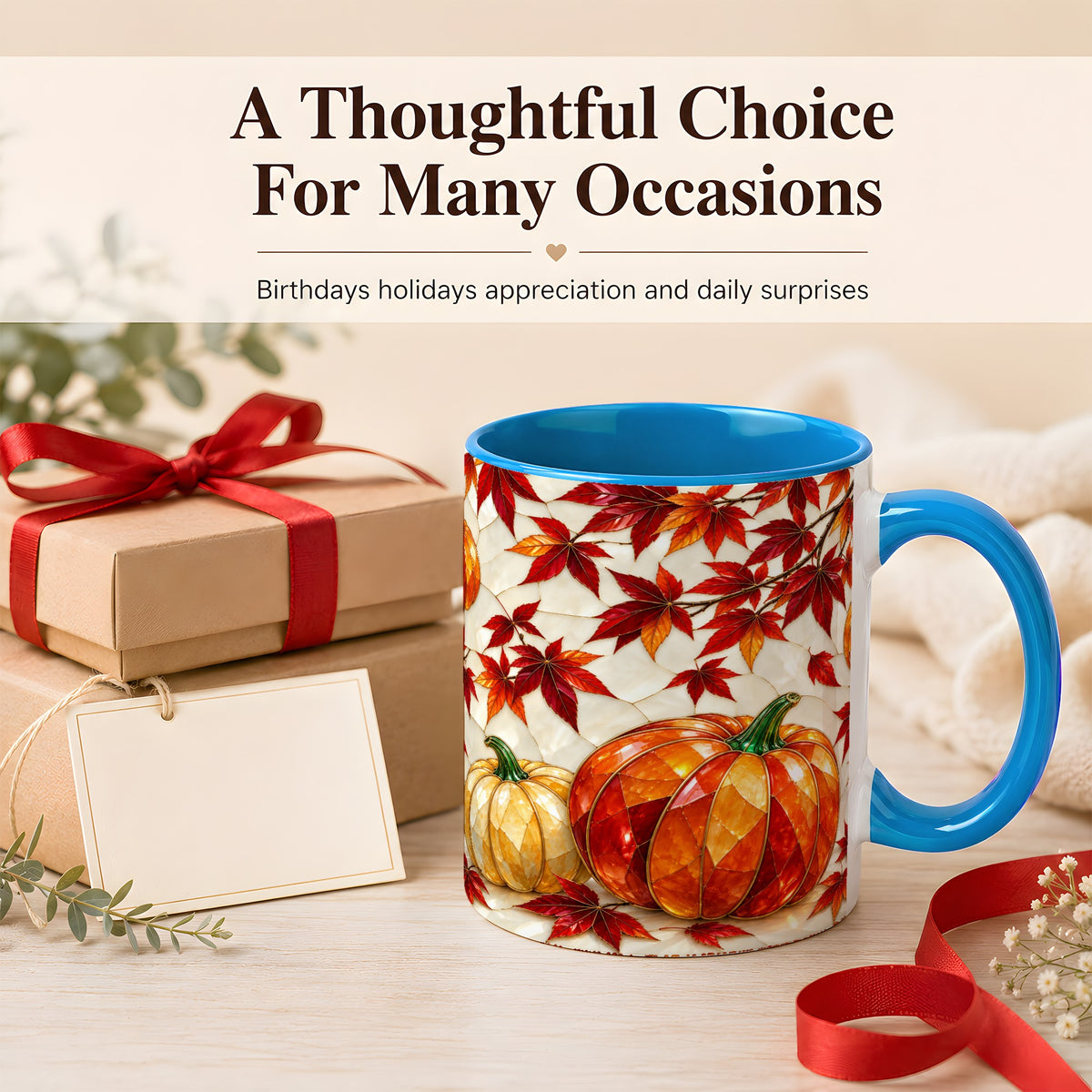 #pl[11oz|Blue] Jeweled Pumpkin Coffee Mug, Autumn Maple Mug, Ceramic Cup