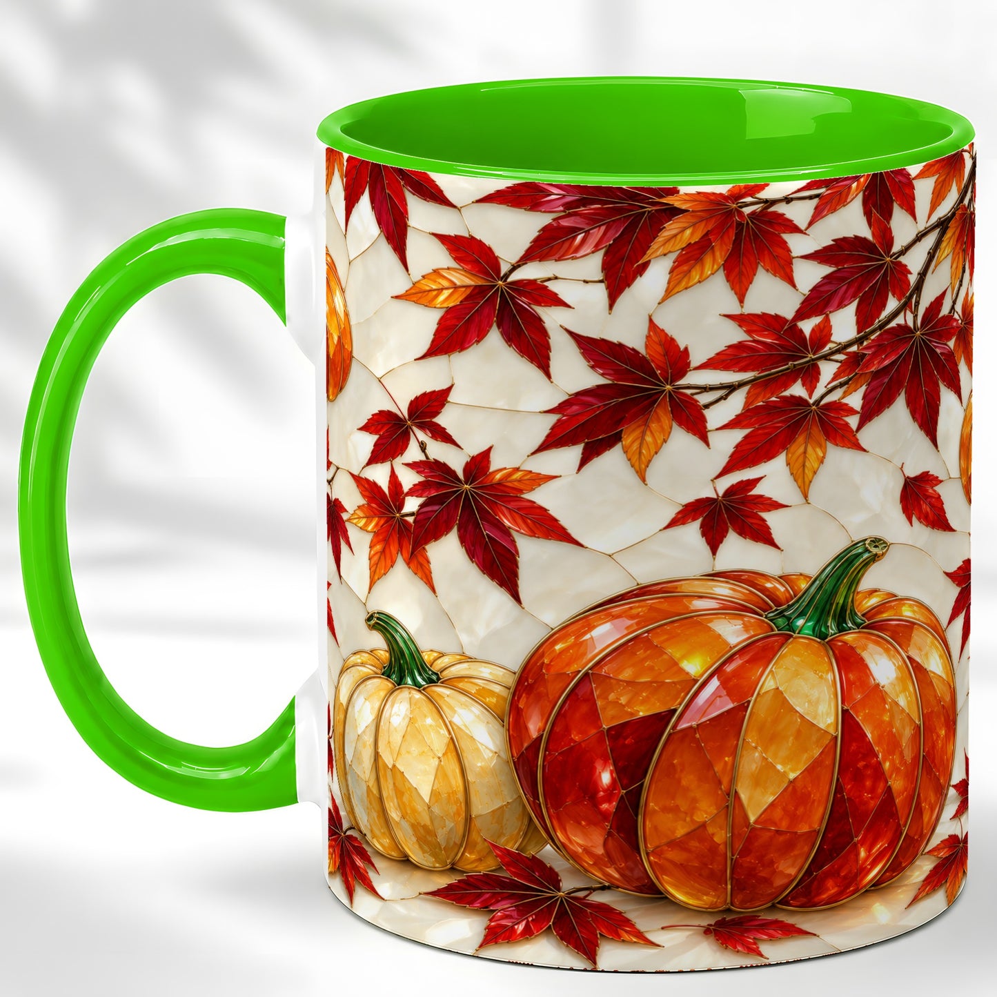 #pl[11oz|Green] Jeweled Pumpkin Coffee Mug, Autumn Maple Mug, Ceramic Cup