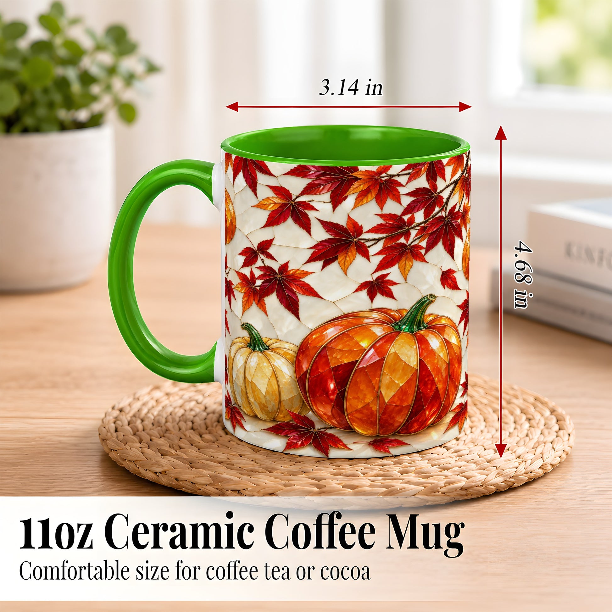 #pl[11oz|Green] Jeweled Pumpkin Coffee Mug, Autumn Maple Mug, Ceramic Cup