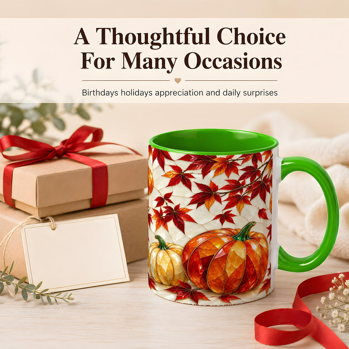 #pl[11oz|Green] Jeweled Pumpkin Coffee Mug, Autumn Maple Mug, Ceramic Cup