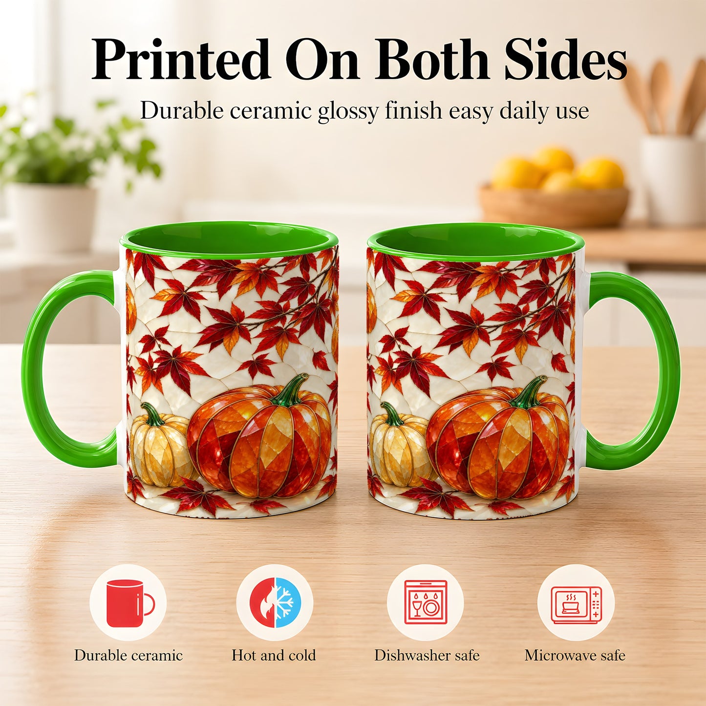 #pl[11oz|Green] Jeweled Pumpkin Coffee Mug, Autumn Maple Mug, Ceramic Cup