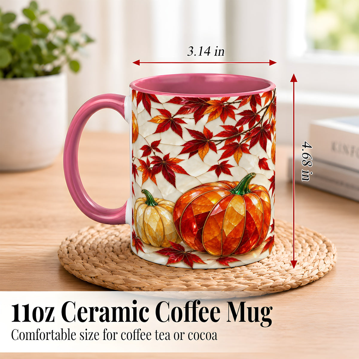 #pl[11oz|Pink] Jeweled Pumpkin Coffee Mug, Autumn Maple Mug, Ceramic Cup