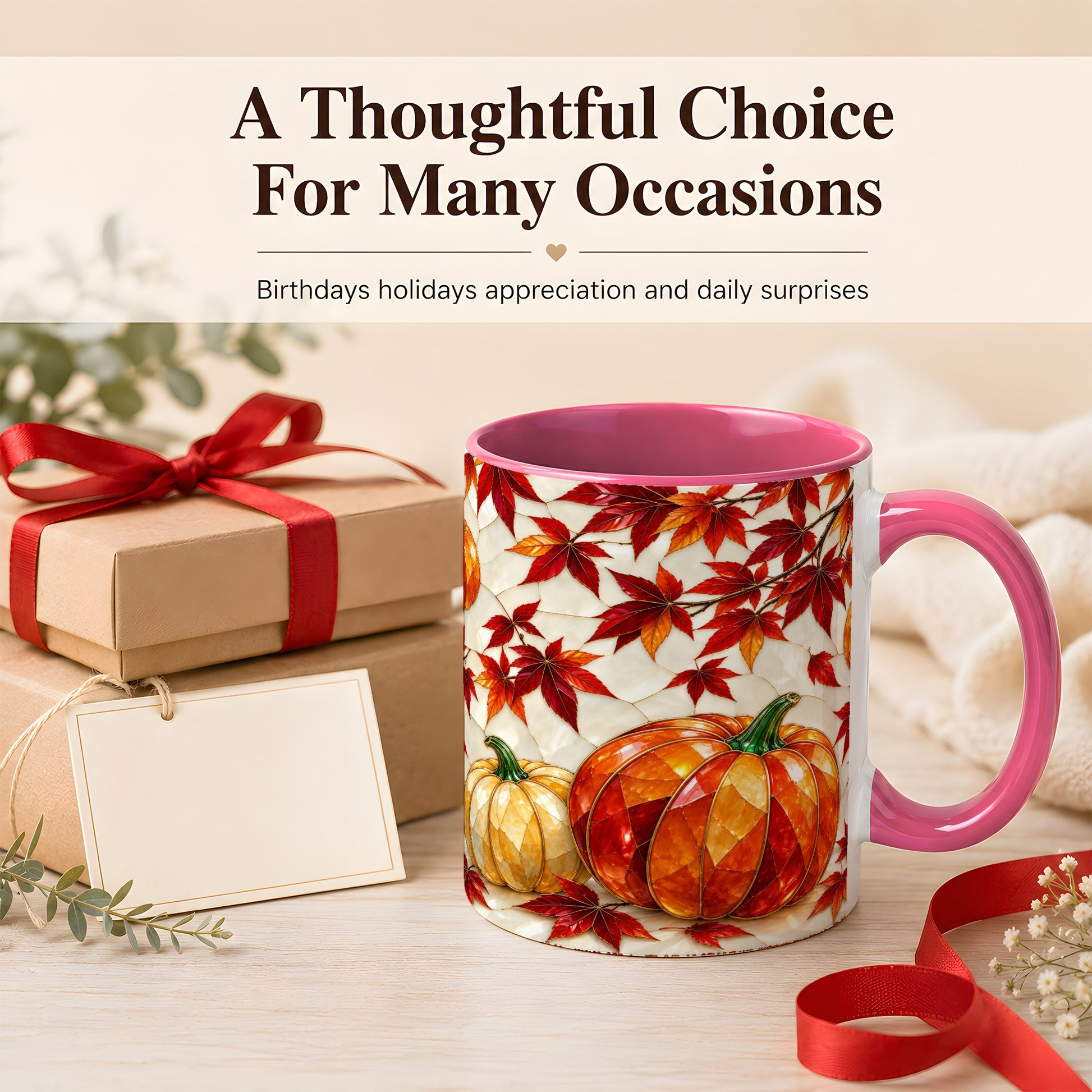 #pl[11oz|Pink] Jeweled Pumpkin Coffee Mug, Autumn Maple Mug, Ceramic Cup