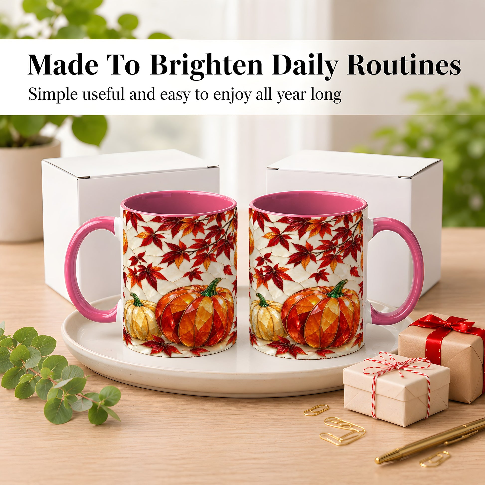 #pl[11oz|Pink] Jeweled Pumpkin Coffee Mug, Autumn Maple Mug, Ceramic Cup