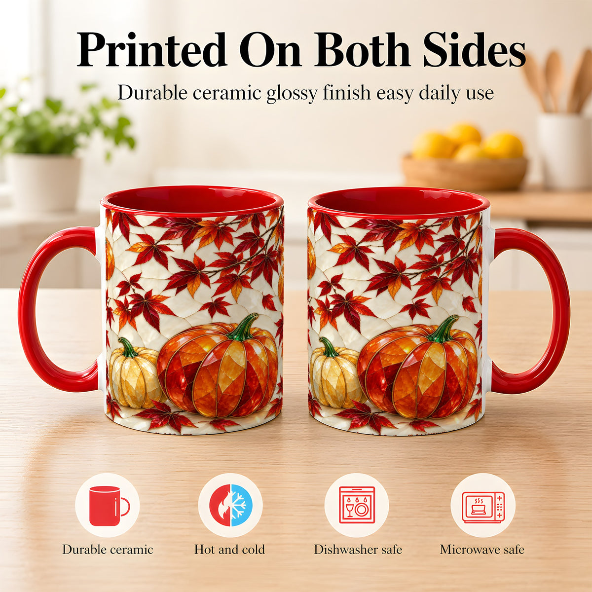 #pl[11oz|Red] Jeweled Pumpkin Coffee Mug, Autumn Maple Mug, Ceramic Cup