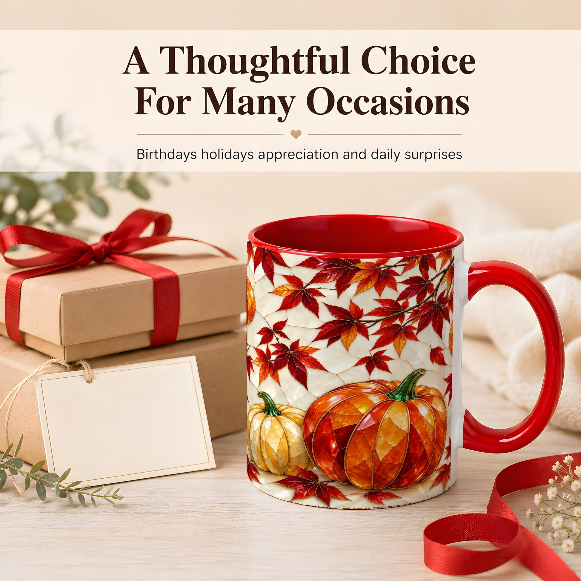 #pl[11oz|Red] Jeweled Pumpkin Coffee Mug, Autumn Maple Mug, Ceramic Cup