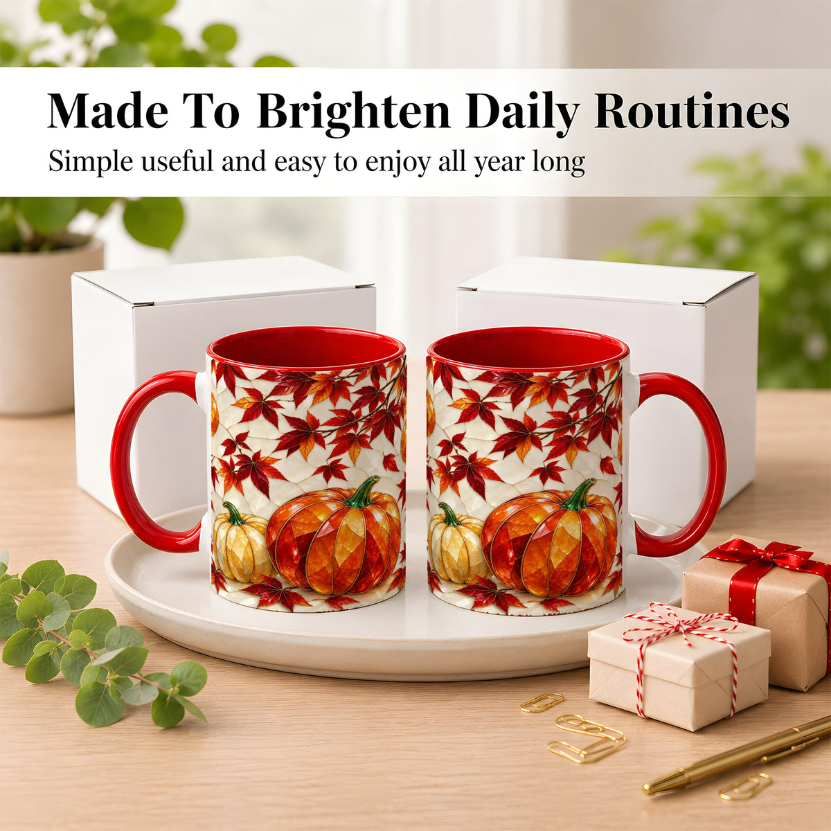 #pl[11oz|Red] Jeweled Pumpkin Coffee Mug, Autumn Maple Mug, Ceramic Cup