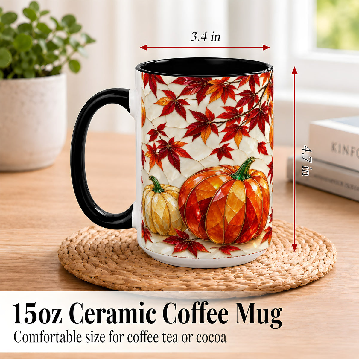 #pl[15oz|Black] Jeweled Pumpkin Coffee Mug, Autumn Maple Mug, Ceramic Cup