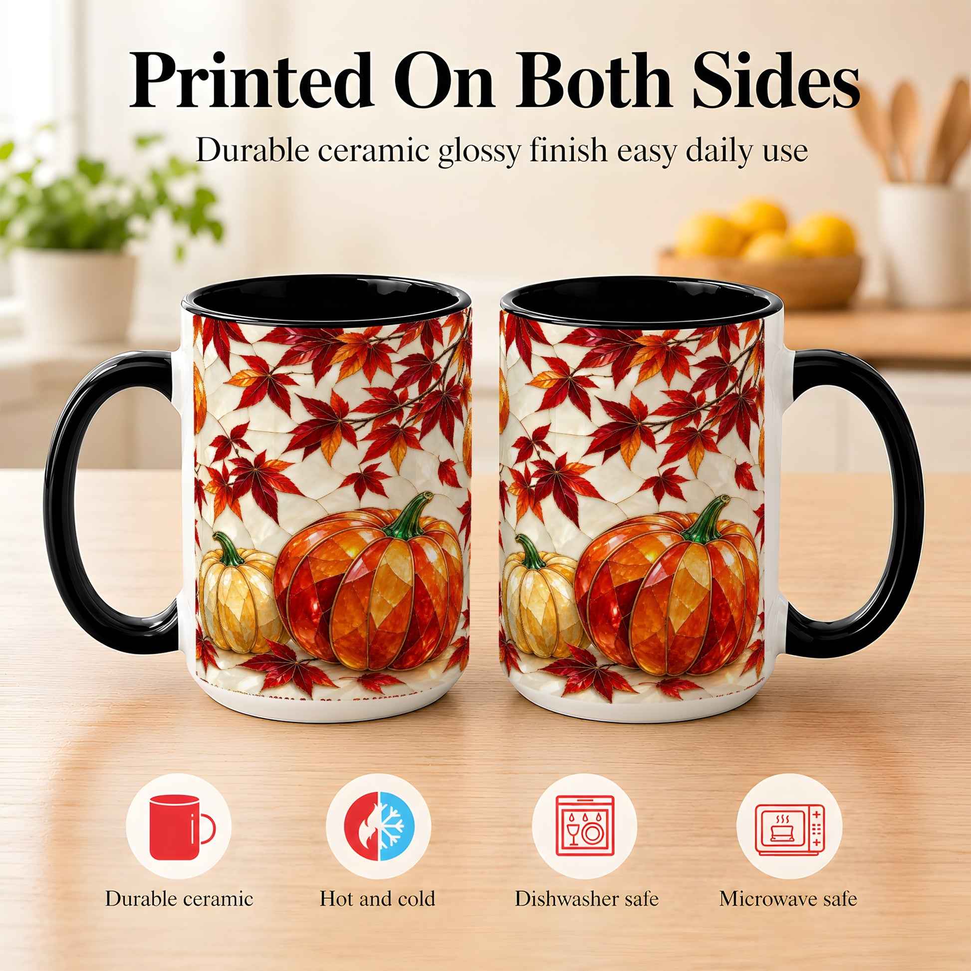 #pl[15oz|Black] Jeweled Pumpkin Coffee Mug, Autumn Maple Mug, Ceramic Cup