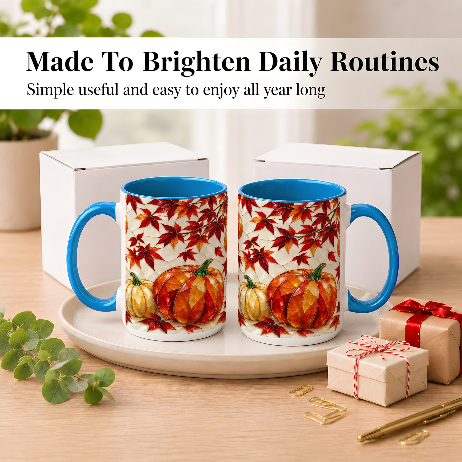 #pl[15oz|Blue] Jeweled Pumpkin Coffee Mug, Autumn Maple Mug, Ceramic Cup
